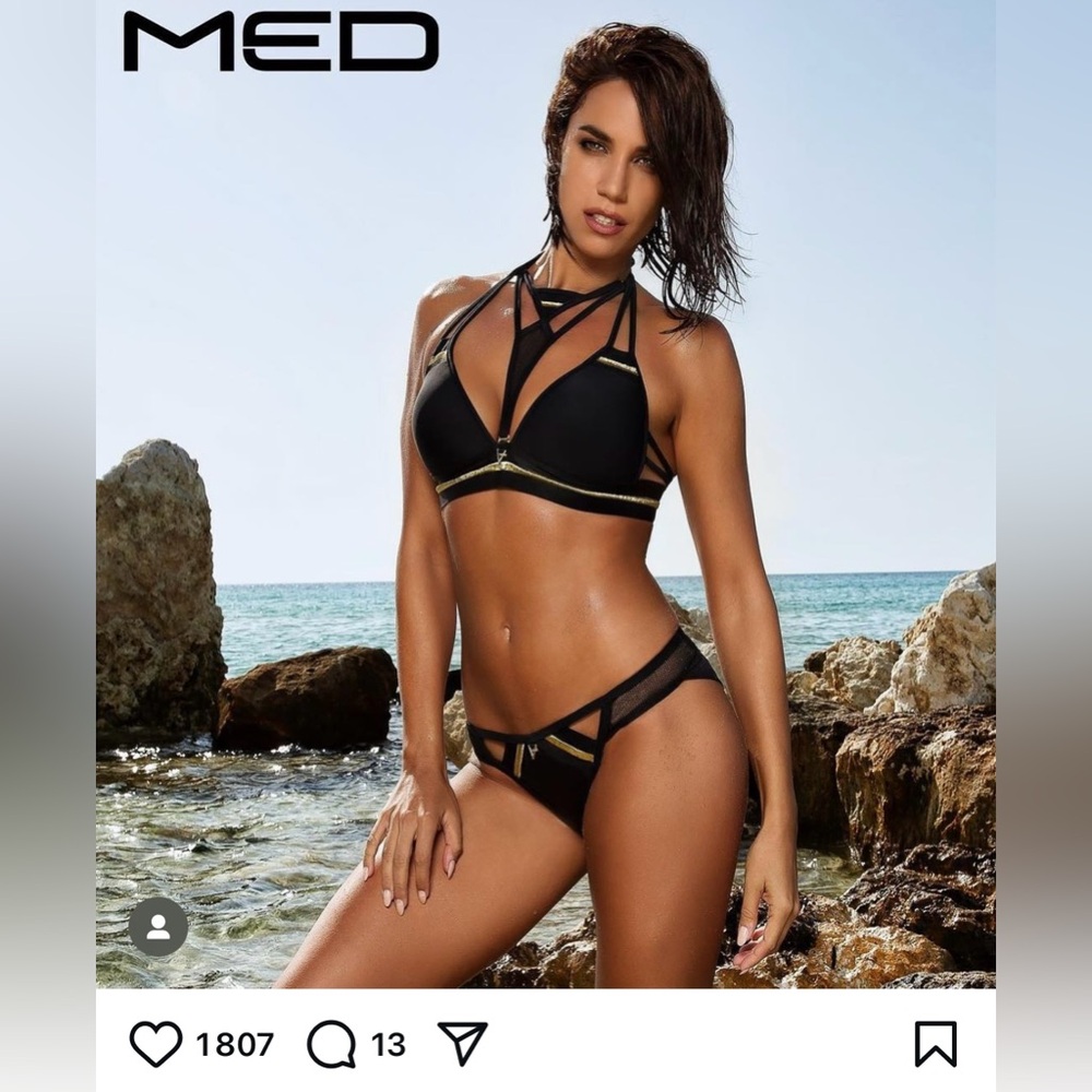 NWT! MED Glamorous Black Gold Two-Piece Bikini Size M/28 Resort Riviera Luxury